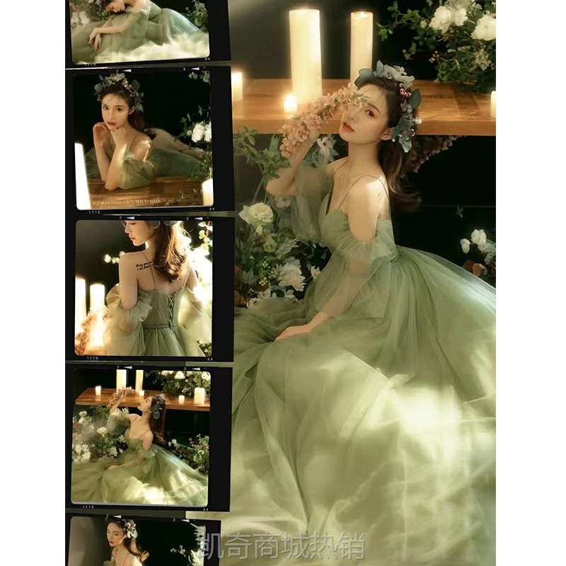 2024年新款绿色抹胸吊带订婚性感礼服拖尾伴娘礼服宴会毕业连衣裙