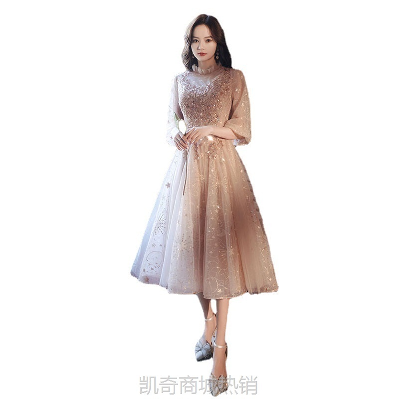粉色伴娘服2024新款秋季中长宴会气质优雅质感主持生日裙晚礼服女