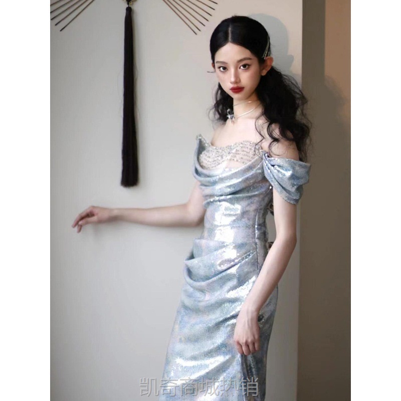 一字肩晚礼服女宴会气质主持人演出服鱼尾新娘订婚结婚礼裙敬酒服