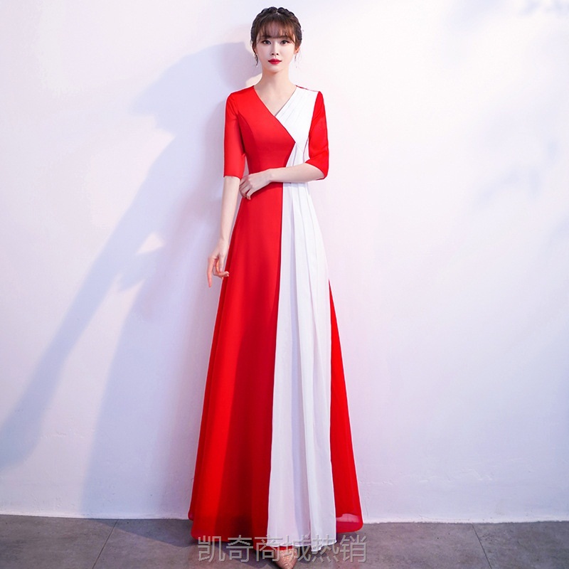 表演服合唱礼服女中国风2024新款气质修身合唱团演出服装表演长裙