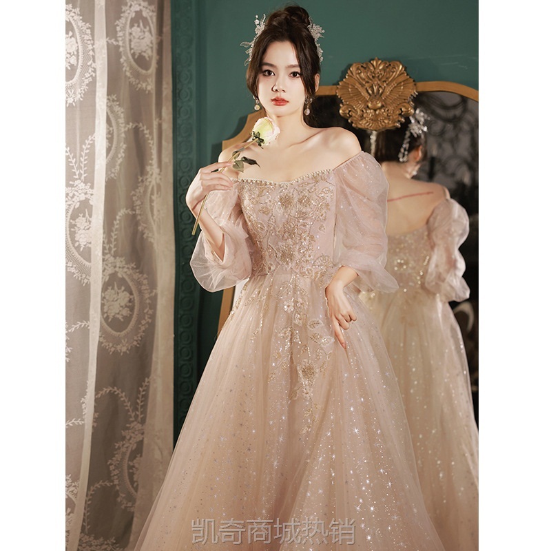 香槟色晚礼服宴会气质一字肩伴娘服小众轻奢高端主持人超仙连衣裙