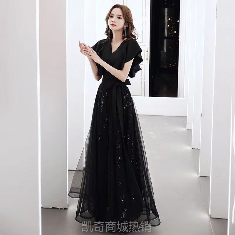外贸黑色晚礼服长款V领修身显瘦法式轻奢小众连衣裙学生艺考礼服