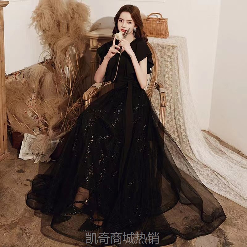 外贸黑色晚礼服长款V领修身显瘦法式轻奢小众连衣裙学生艺考礼服
