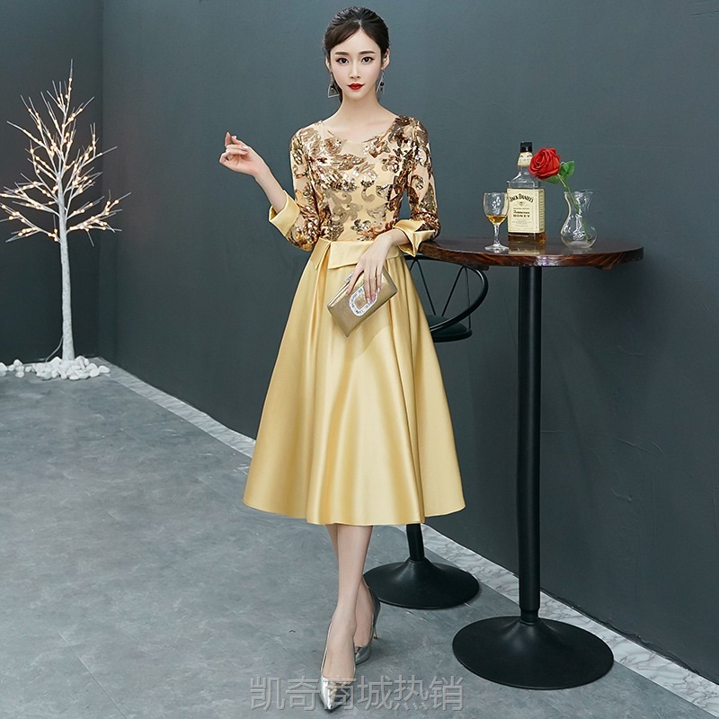 金色晚礼服女2024新款平时可穿气质连衣裙年会主持人短款宴会礼服