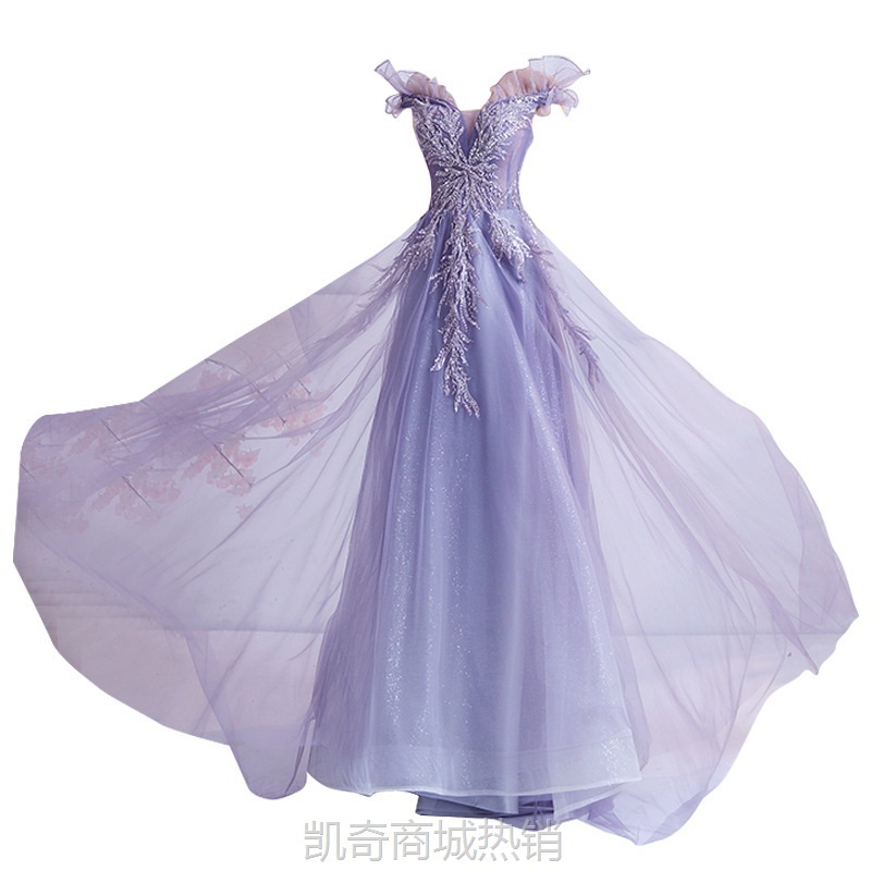 浪漫璀璨紫色2024新款秋季新娘结婚敬酒服宴会主持婚纱晚礼服批发