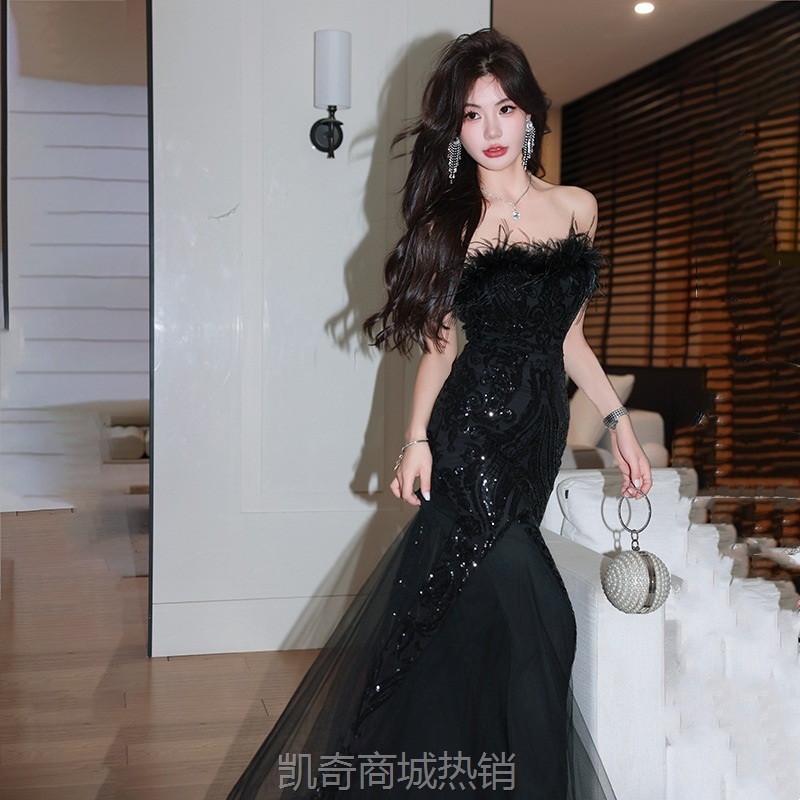 抹胸礼服女2024新款黑色亮片鱼尾纱裙重工主持人宴会结婚艺考生日