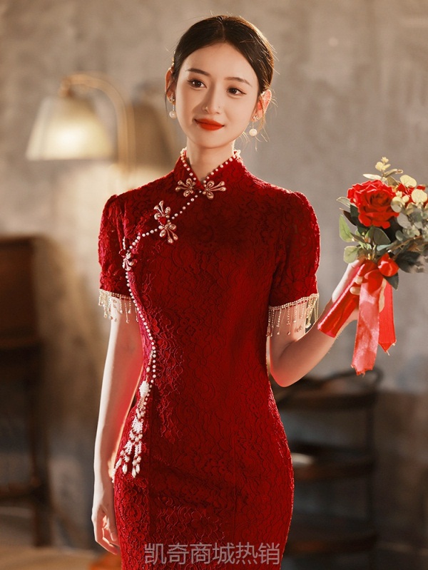 鱼尾旗袍敬酒服新娘春季小个子酒红色订婚礼服连衣裙中式回门结婚