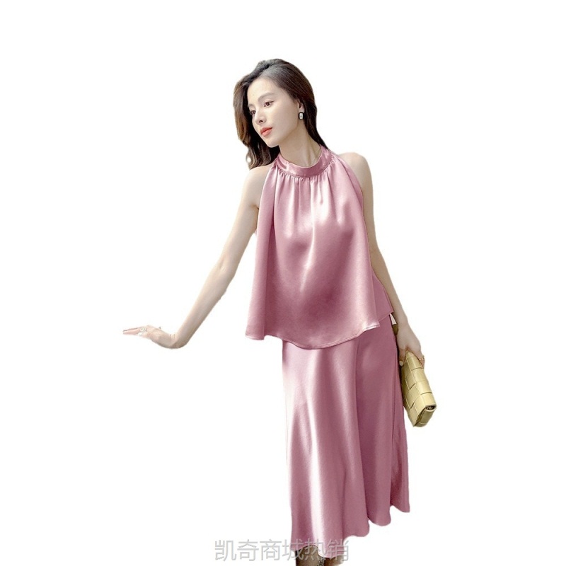 高定真醋酸缎面质感丝滑露肩上衣女夏高级感配半身裙两件套装通勤