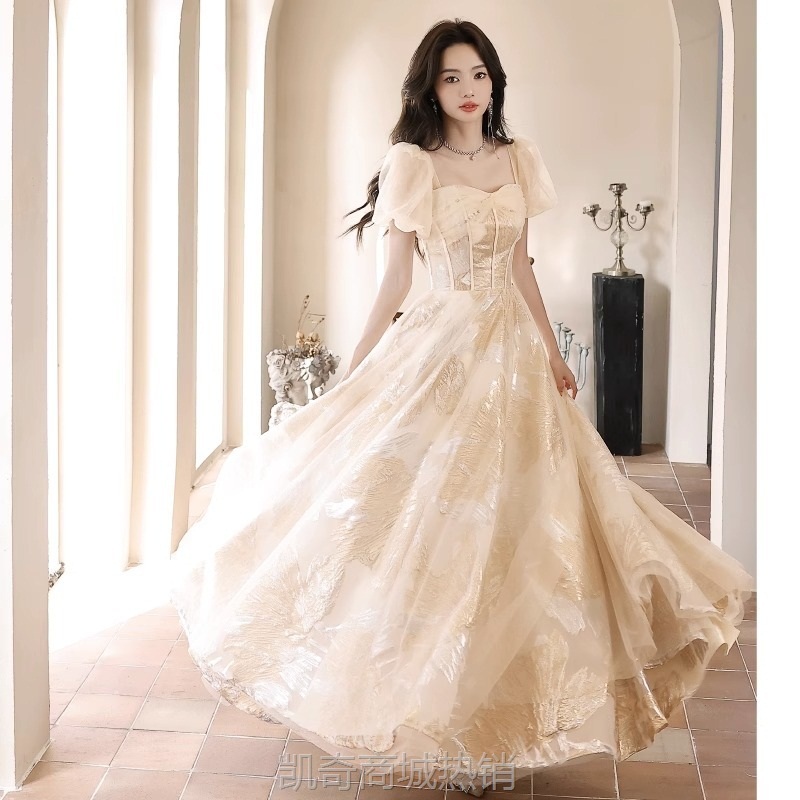 法式晚礼服女高级感香槟色高端轻奢小众仙气轻纱主持人声乐艺考裙
