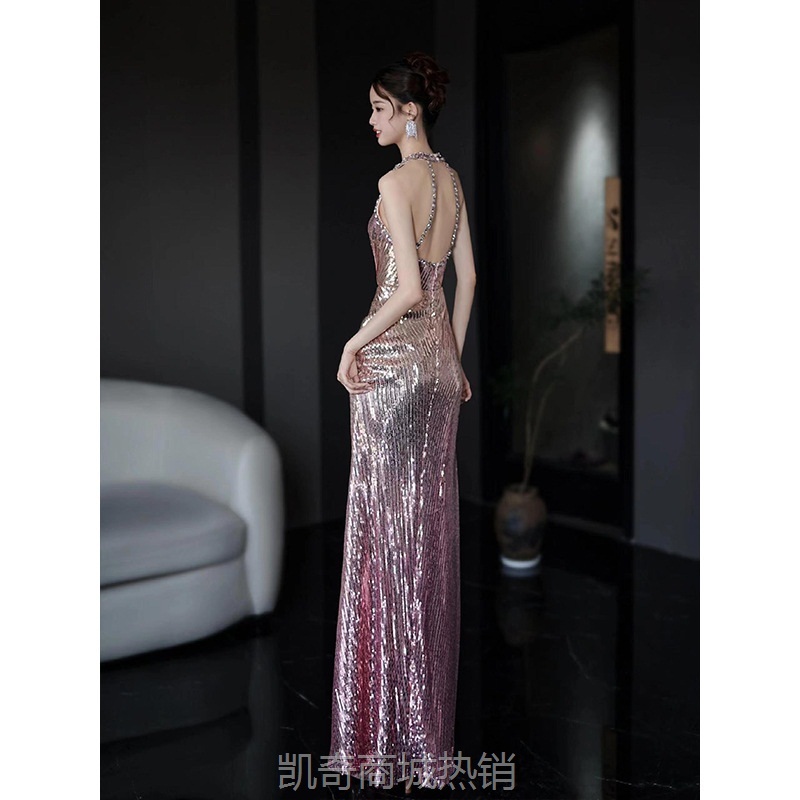 挂脖晚礼服亮片鱼尾晨袍女新娘订婚礼裙敬酒服v领宴会气质主持人