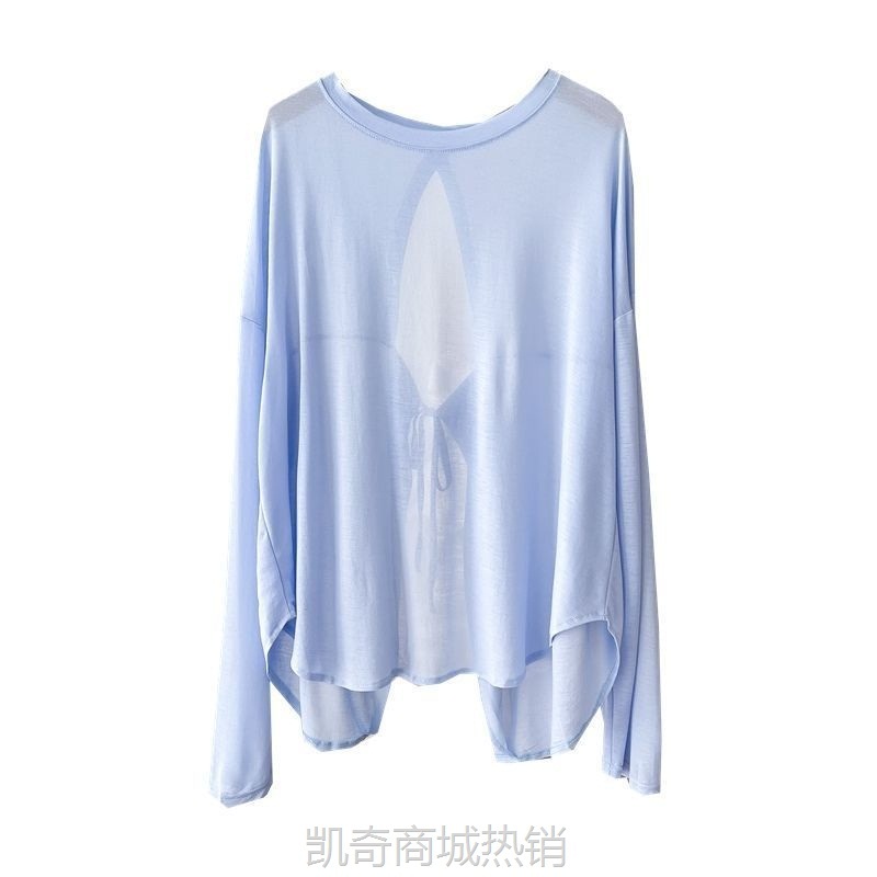 瑜伽罩衫露背防晒衣t恤女长袖夏季后背镂空系带宽松不规则上衣薄