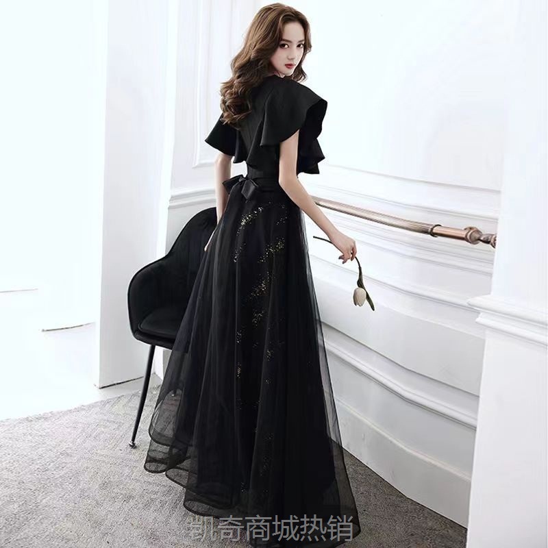 外贸黑色晚礼服长款V领修身显瘦法式轻奢小众连衣裙学生艺考礼服