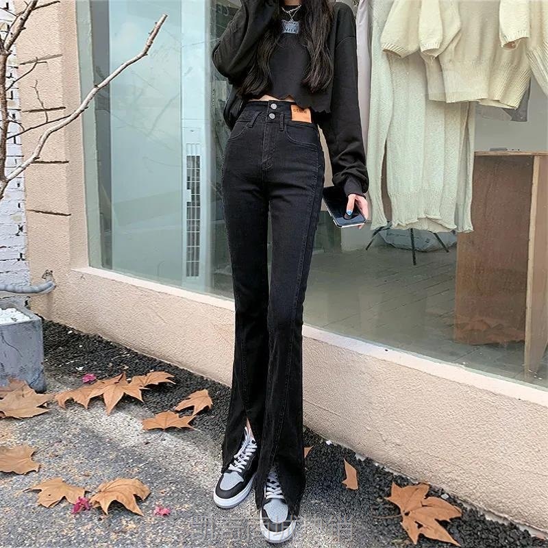 黑色高腰加绒开叉微喇叭牛仔裤女秋冬新款显瘦拖地小个子喇叭裤子