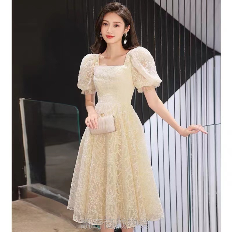 香槟色晚礼服小众宴会气质名媛春秋伴娘裙主持人礼服毕业连衣裙