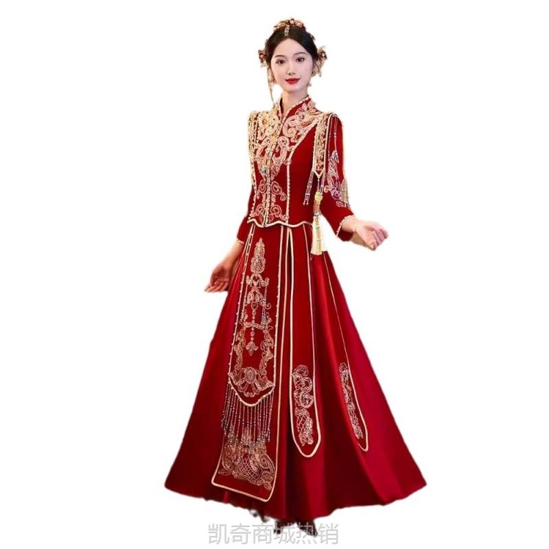 秀禾服婚服新娘2024新款高端红色丝绒中式婚服出阁龙凤褂嫁衣秀和