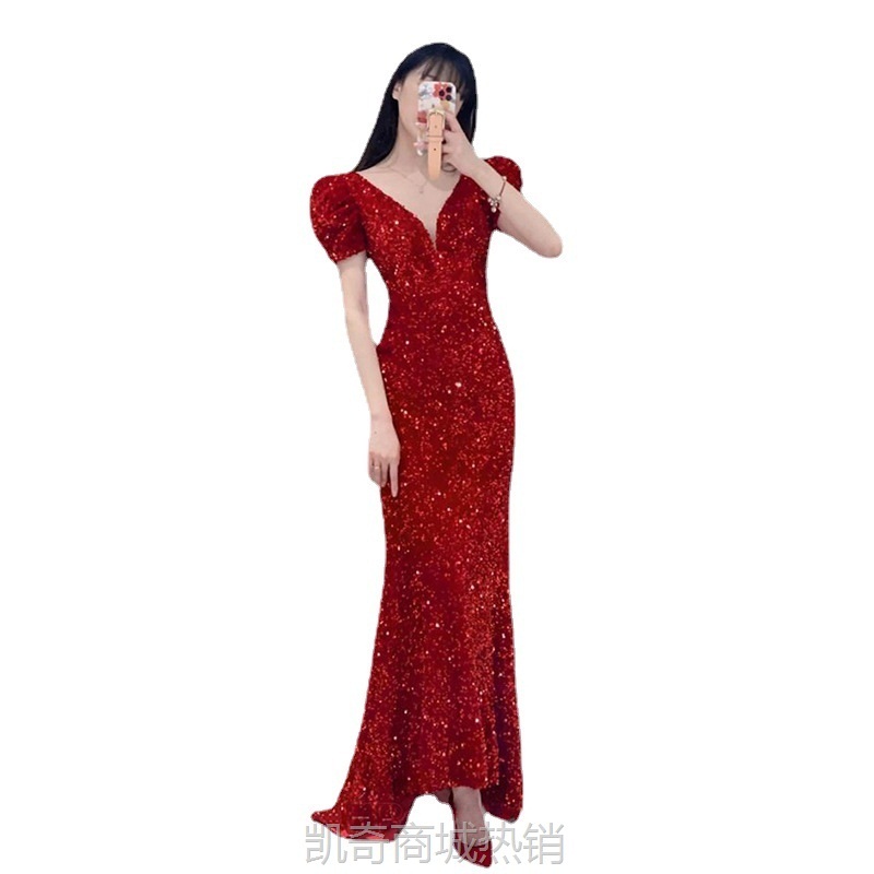 旗袍敬酒服新娘女2021新款酒红色回门订婚结婚礼服鱼尾主持晚礼服