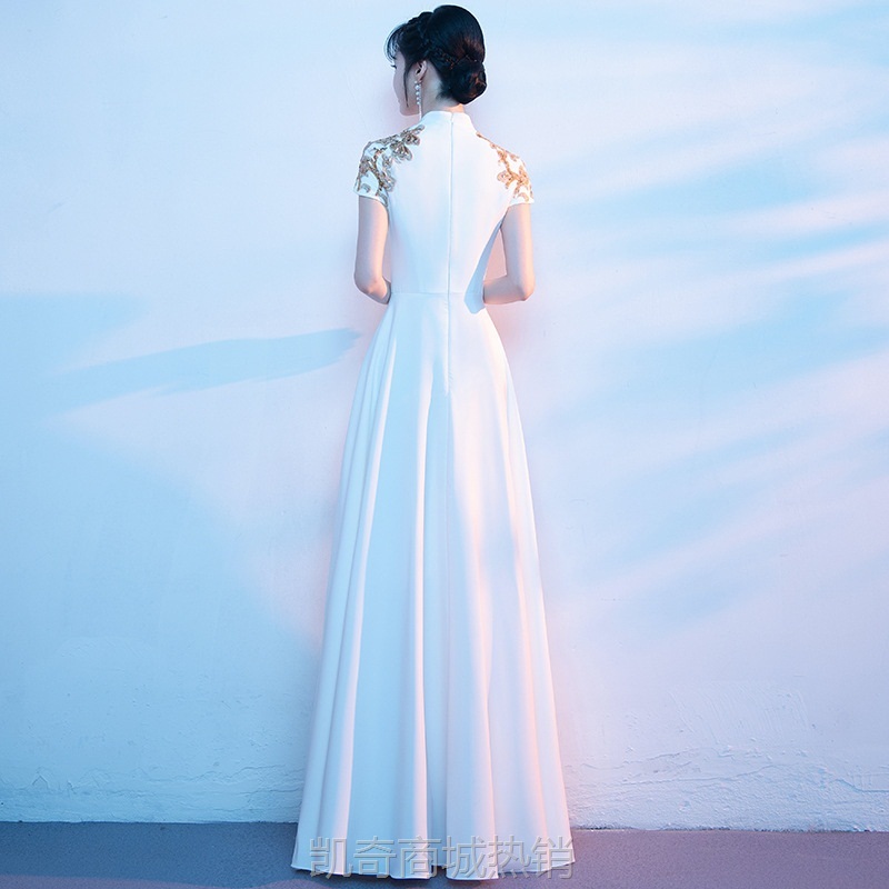大合唱晚礼服女长款合唱队修身显瘦中式旗袍白色合唱团演出服长裙