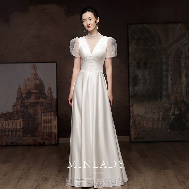 名斓|雾色 敬酒服新娘2022新款白色订婚结婚礼服女法式缎面轻婚纱