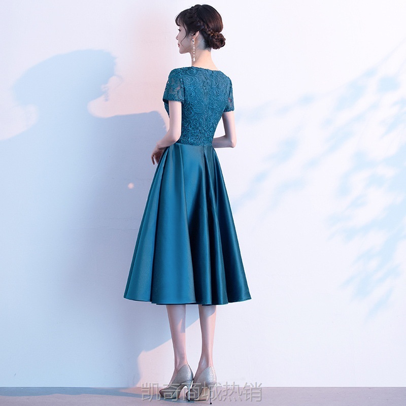 蓝色妈妈婚宴晚礼服女高级感年轻喜婆婆婚礼敬酒服连衣裙平时可穿