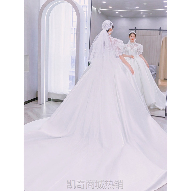 缎面婚纱2021新娘新款主婚纱礼服小个子宫廷风高级拖尾出门纱2022