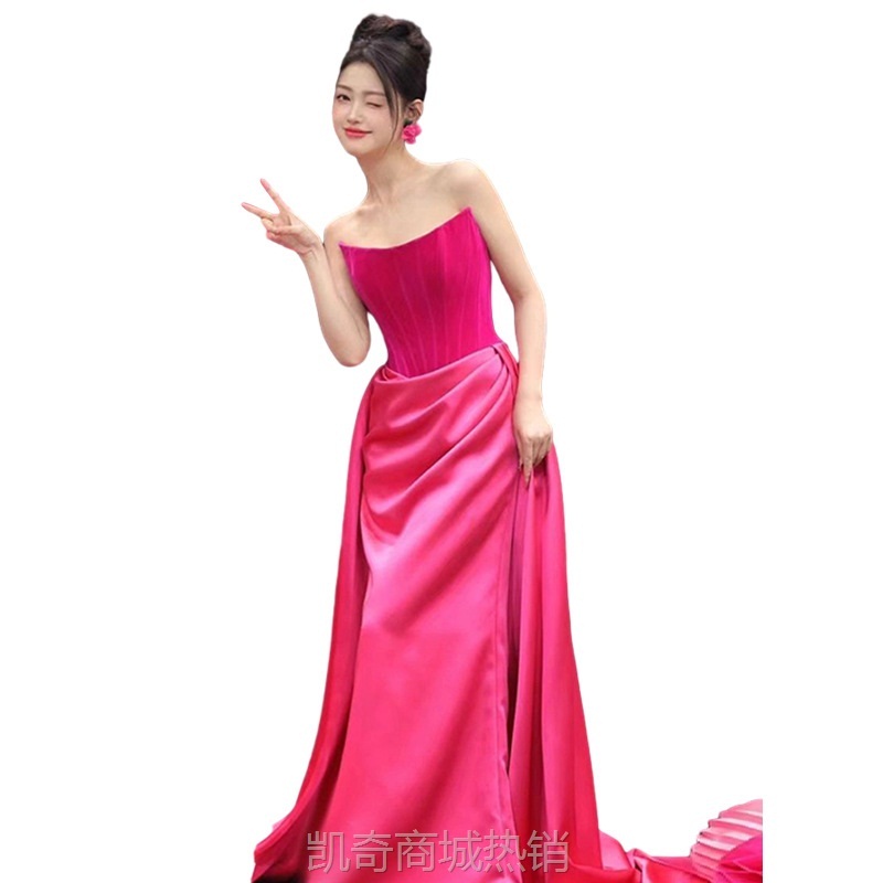 玫红色敬酒服小众法式轻奢感新娘结婚订婚抹胸礼服宴会主持晚礼服
