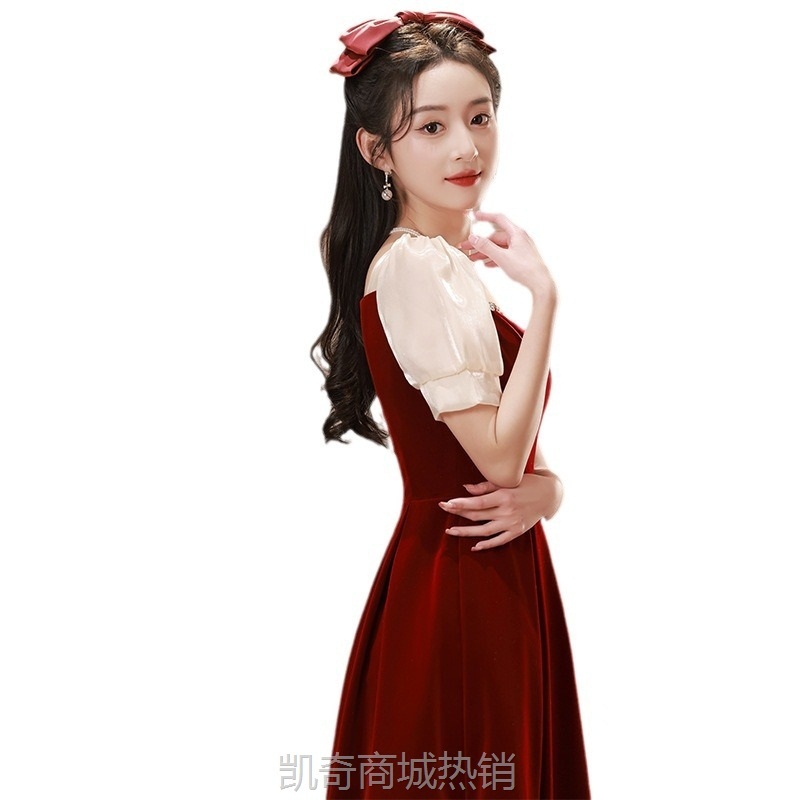 敬酒服新娘酒红色秋季平时可穿纱袖订婚连衣裙出阁宴礼服回门礼服