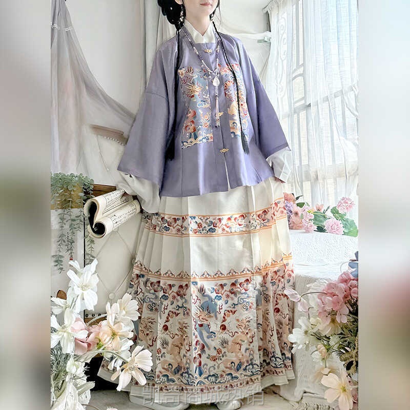 汉虞葵原创麒麟明制汉服女提花方领补服短袄半袖马面裙套装秋冬款
