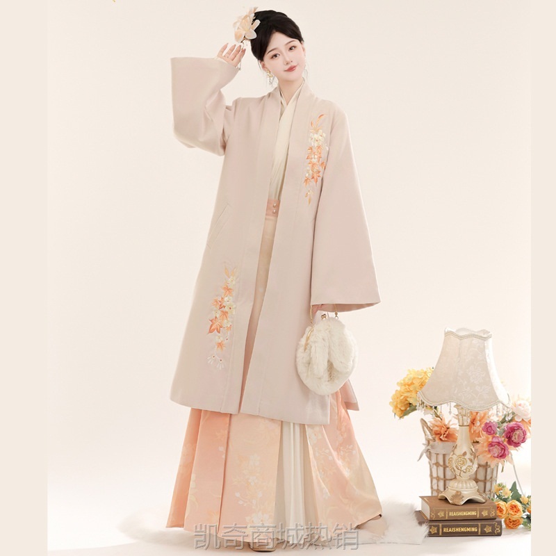 汉虞葵【枫晚秋】原创汉服女改良三涧裙新中式国风大衣绣花飞机袖