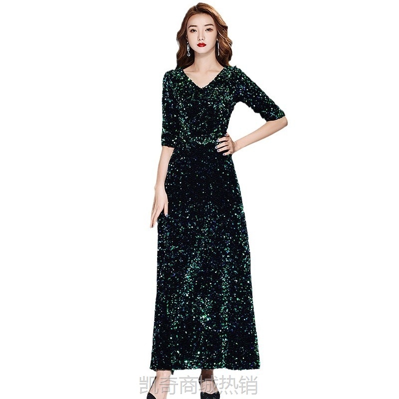 绿色亮片年会晚礼服女2024春春新款宴会气质质感主持人长款连衣裙