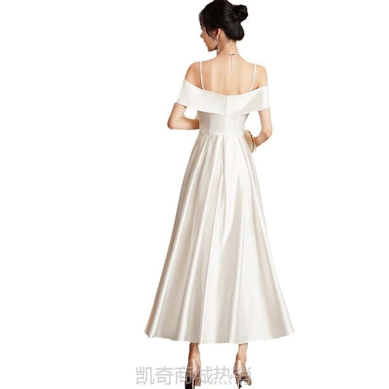 白色晚礼服女平时可穿宴会订婚毕业典礼一字肩法式领证登记小白裙