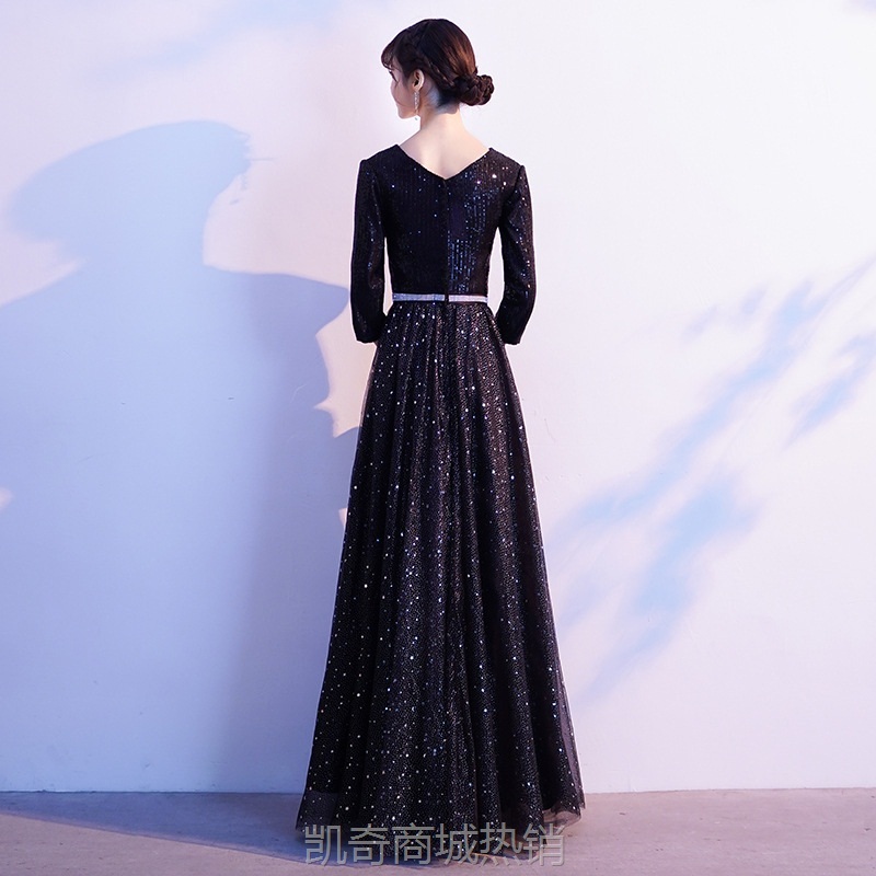 黑色晚礼服裙女2023爆款冬季气质艺考宴会年会主持人大合唱演出服