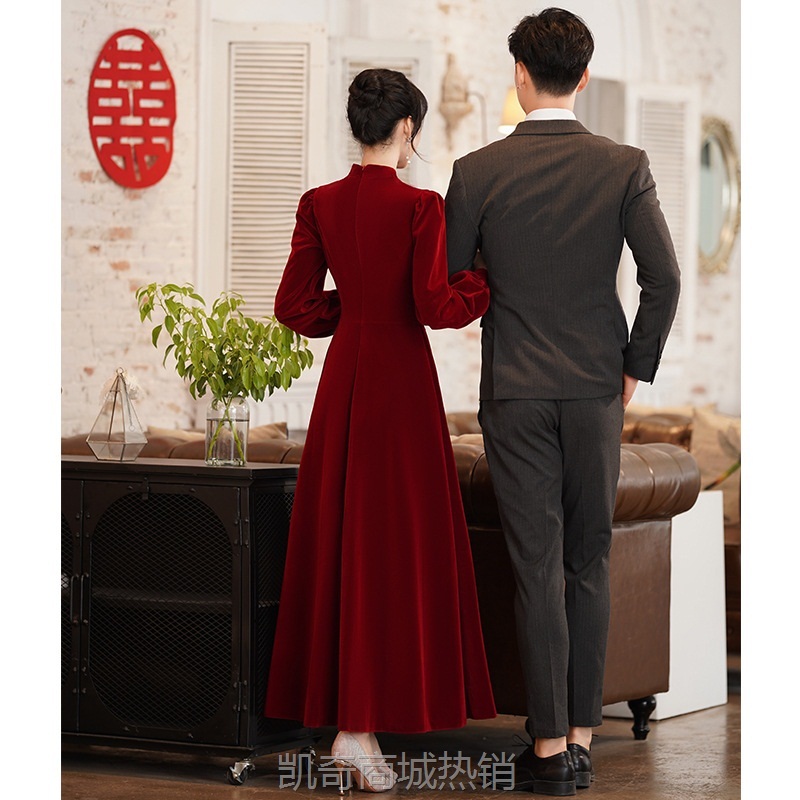 旗袍敬酒服新娘2023新款冬季长袖订婚礼服连衣裙女丝绒回门晚礼服