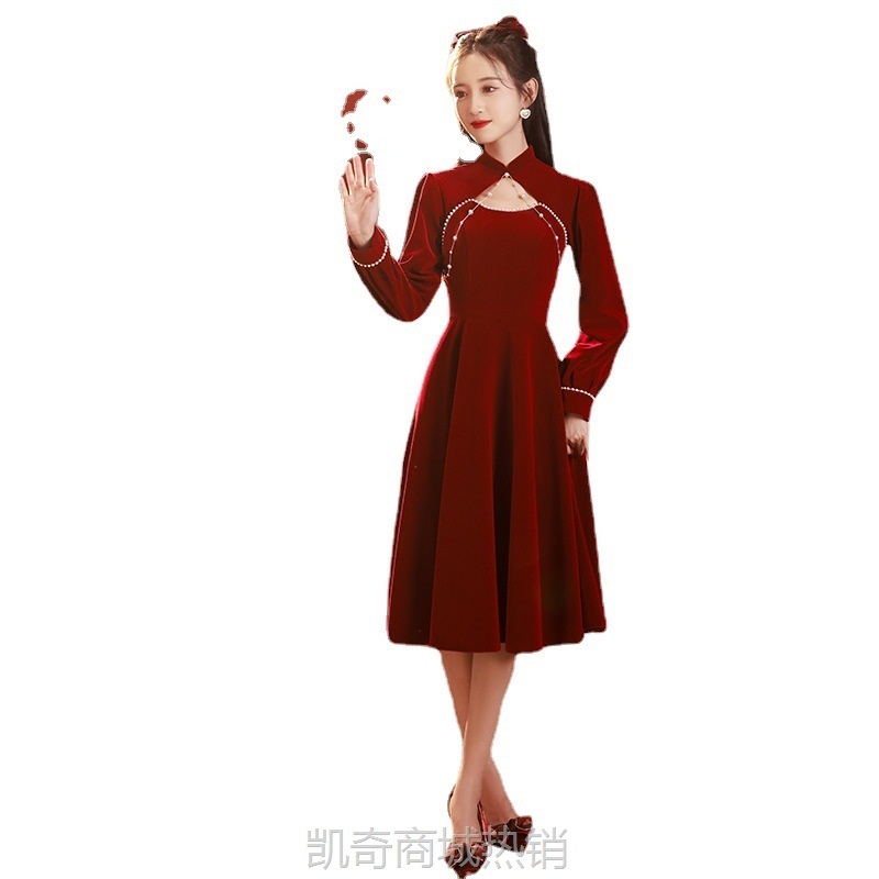 旗袍敬酒服新娘小个子订婚连衣裙长款礼服裙女春季长袖酒红色回门