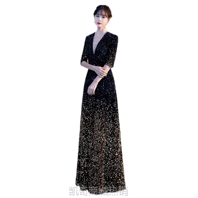 气质大合唱团演出服女现代长裙亮片指挥服装修身显瘦主持人晚礼服