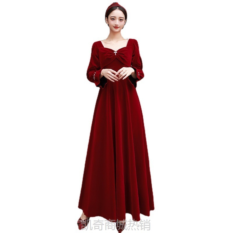 丝绒长袖敬酒服新娘2023新款春季结婚订婚回门答谢宴酒红色礼服