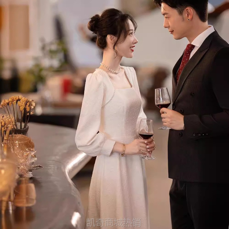 白色礼服领证结婚登记照小白裙订婚连衣裙女高级感年会晚宴小个子