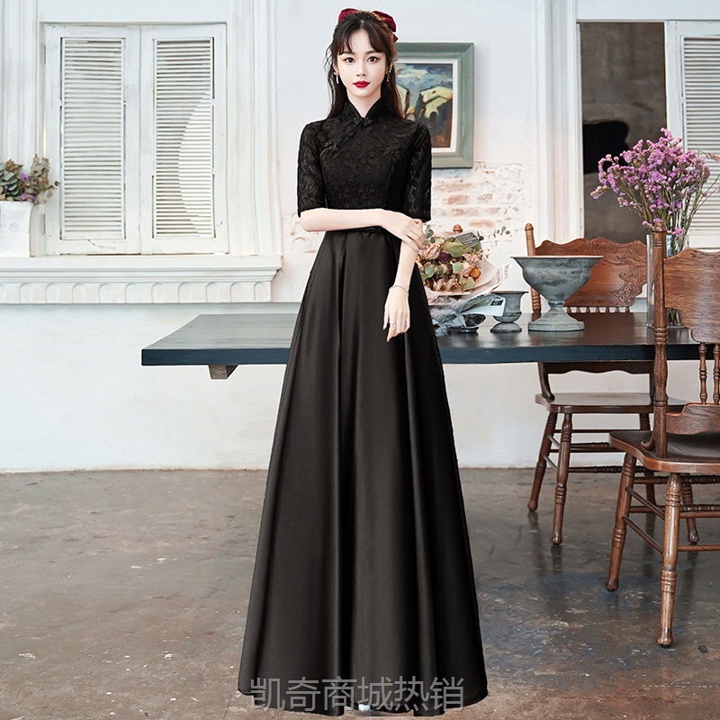 黑色晚礼服裙改良旗袍艺考独唱演出服2023新款宴会气显瘦秋冬长袖
