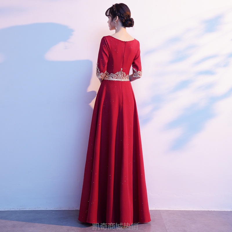现代大合唱团演出服女端庄大气酒红色合唱队比赛表演服装修身礼服
