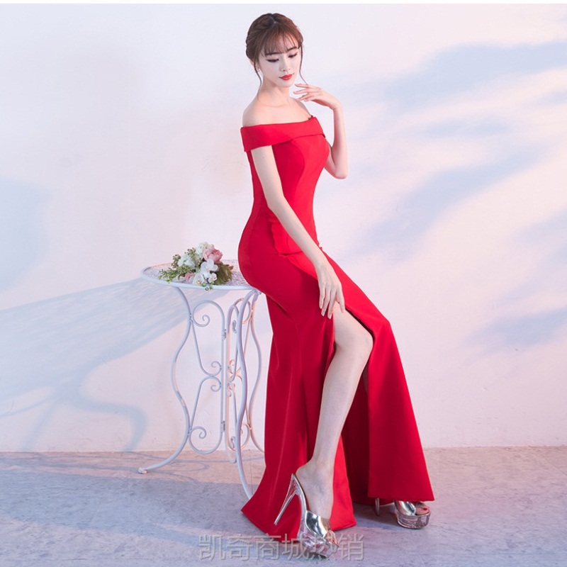 0716#6色晚礼服女宴会优雅长款性感黑色一字肩修身鱼尾主持人礼服