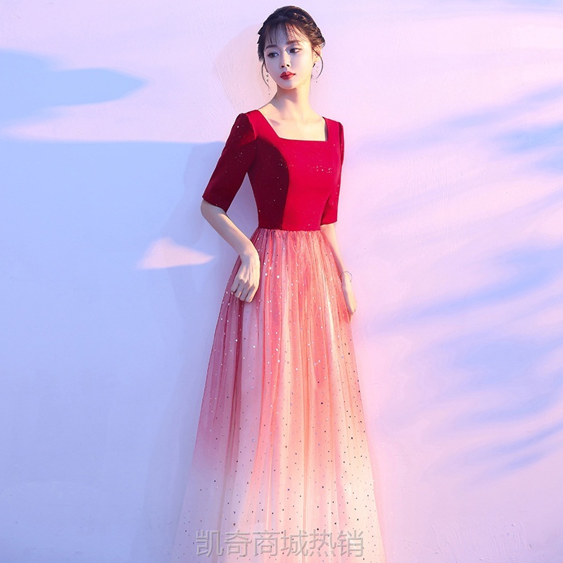 红色晚礼服宴会气质红歌演出服大合唱团指挥服装成人艺考表演长裙