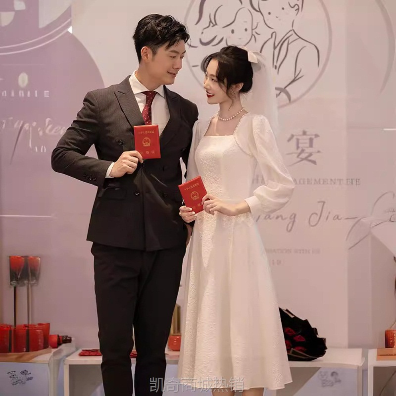 白色礼服领证结婚登记照小白裙订婚连衣裙女高级感年会晚宴小个子