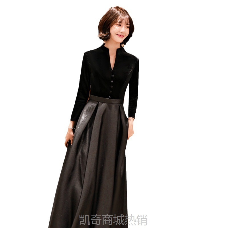 气质黑色礼服2023春季大裙摆年会晚礼服气质长款平时可穿宴会礼服