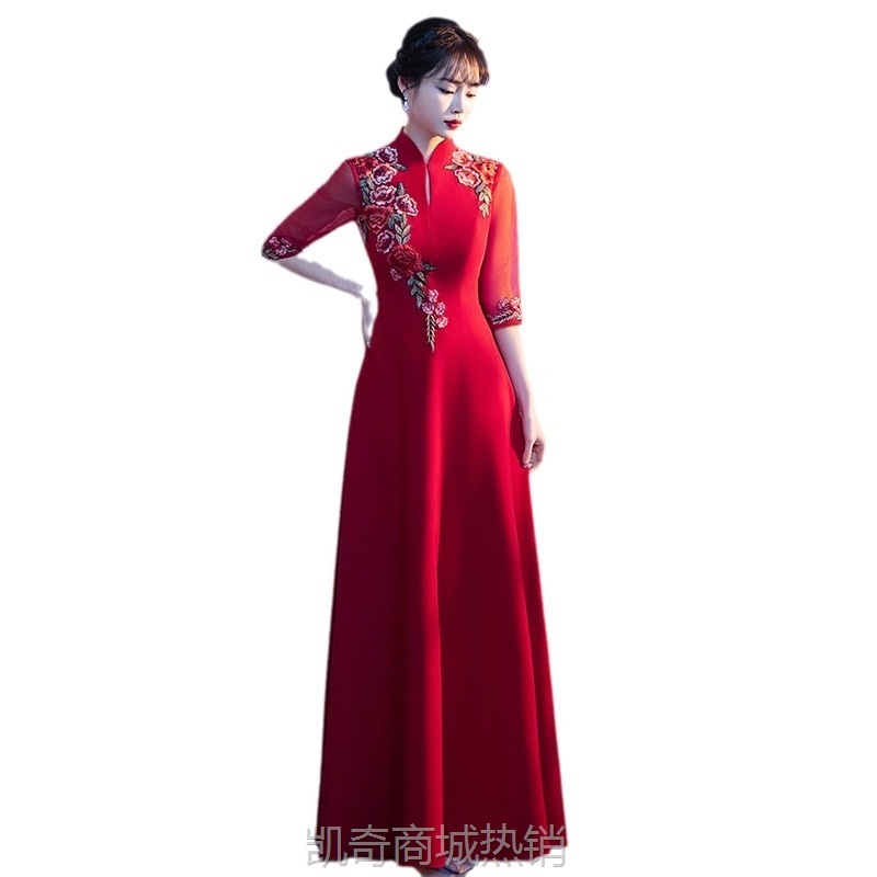 大合唱团演出服女长裙2024新款红歌走秀旗袍舞蹈朗诵表演晚礼服裙