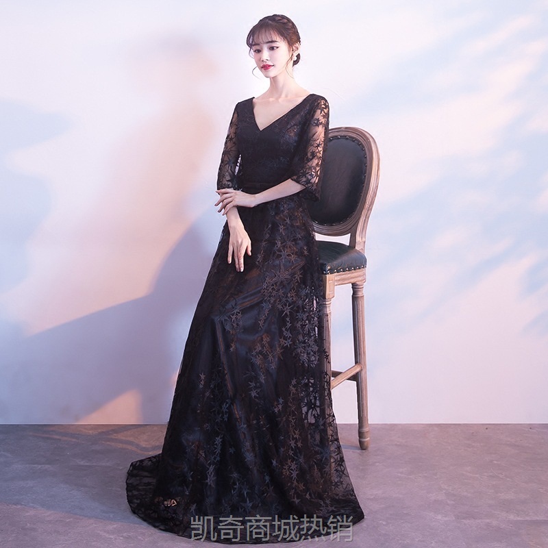 宴会晚礼服2024夏季新款黑色修身主持人女优雅性感显瘦长款连衣裙