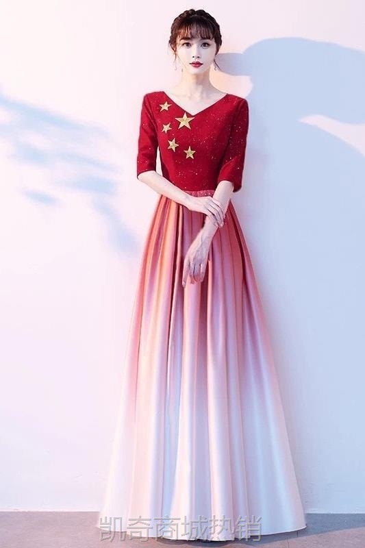 大合唱团演出服女长裙红歌比赛服装红色爱国朗诵指挥主持人晚礼服