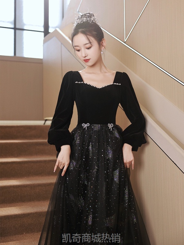 黑色晚礼服裙女2022新款年会轻奢小众长袖声乐艺考合唱团礼服