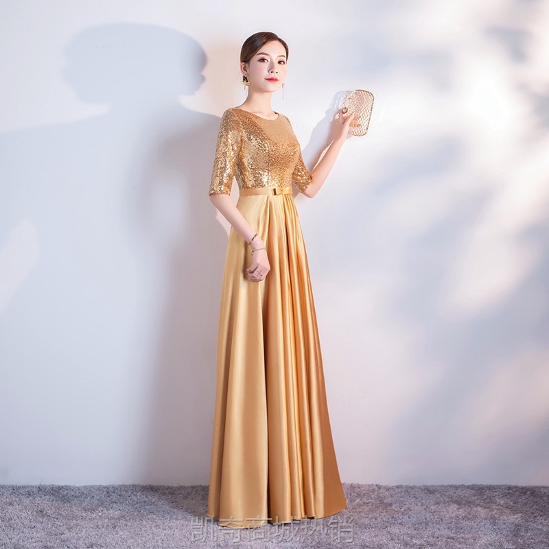 大合唱演出服装女长裙2023新款显瘦长款中袖修身成人合唱团晚礼服