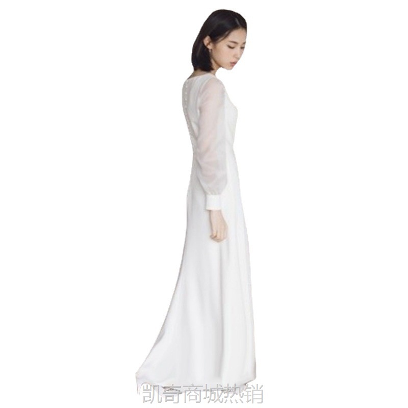 旅拍轻婚纱森系超仙简约白色缎面晚礼服女2024新款结婚出门纱长袖