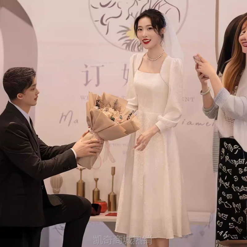 白色礼服领证结婚登记照小白裙订婚连衣裙女高级感年会晚宴小个子
