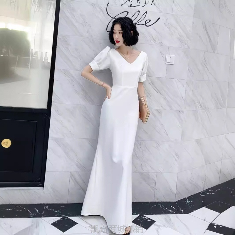 白色晚礼服女2024新款长款V领高端大气优雅高贵平时可穿现代性感